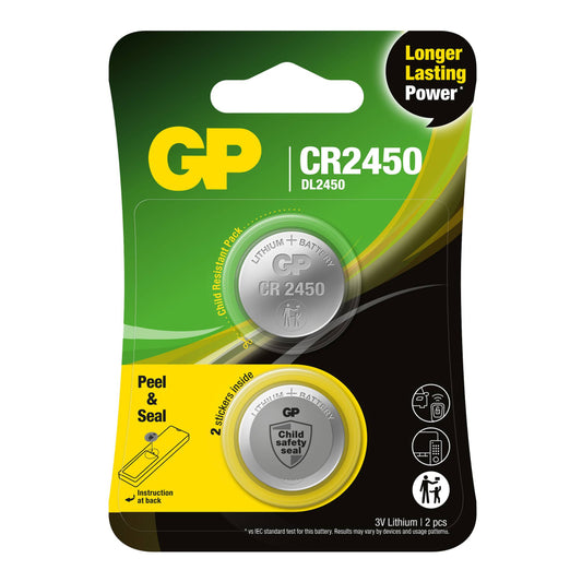 GP Battery | GP 103383 | Batteria al Litio a Bottone 3V CR2450 DL2450 (Blister 2 Pezzi)